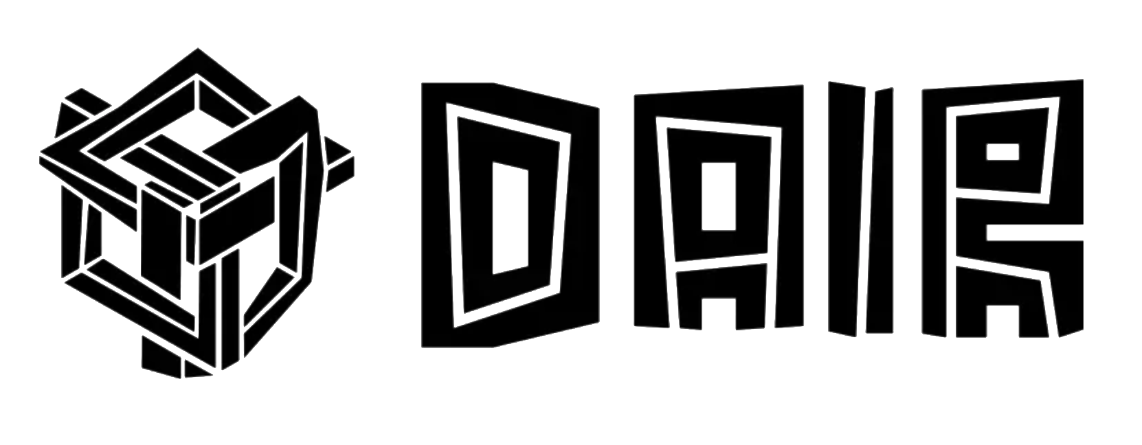 The Dair Logo. Entagled squares in black with the name next to it.