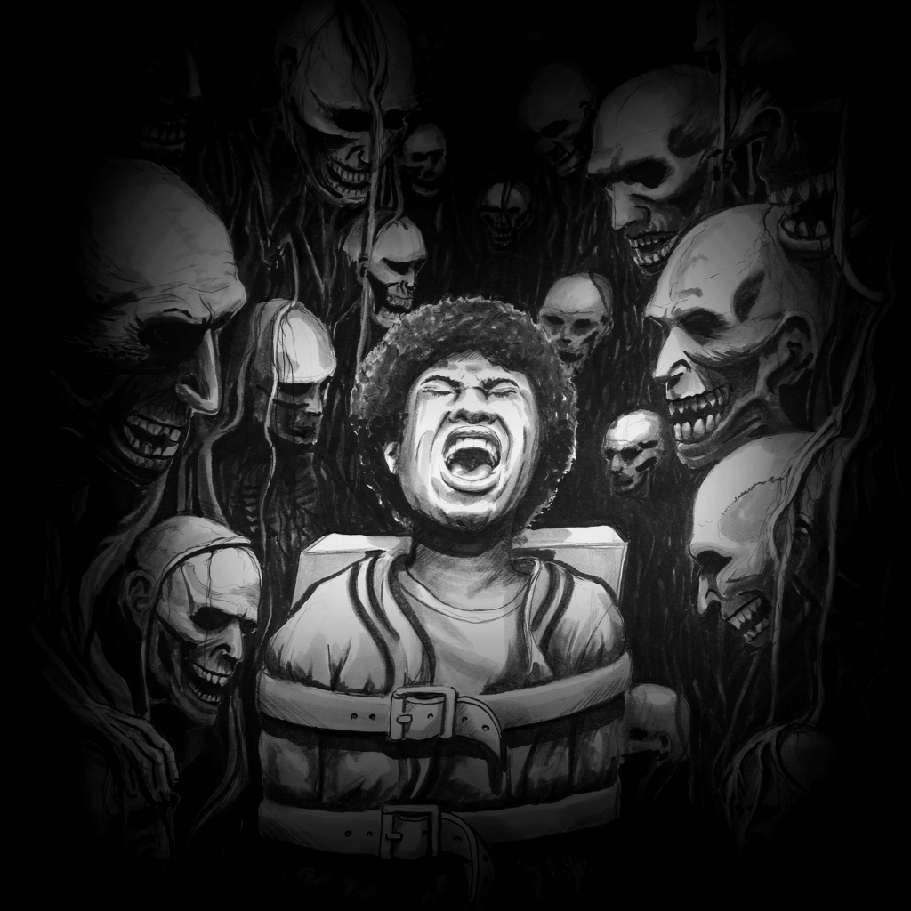 A drawn screaming woman tied to some sort of wood with skeleton-like heads looking at her.