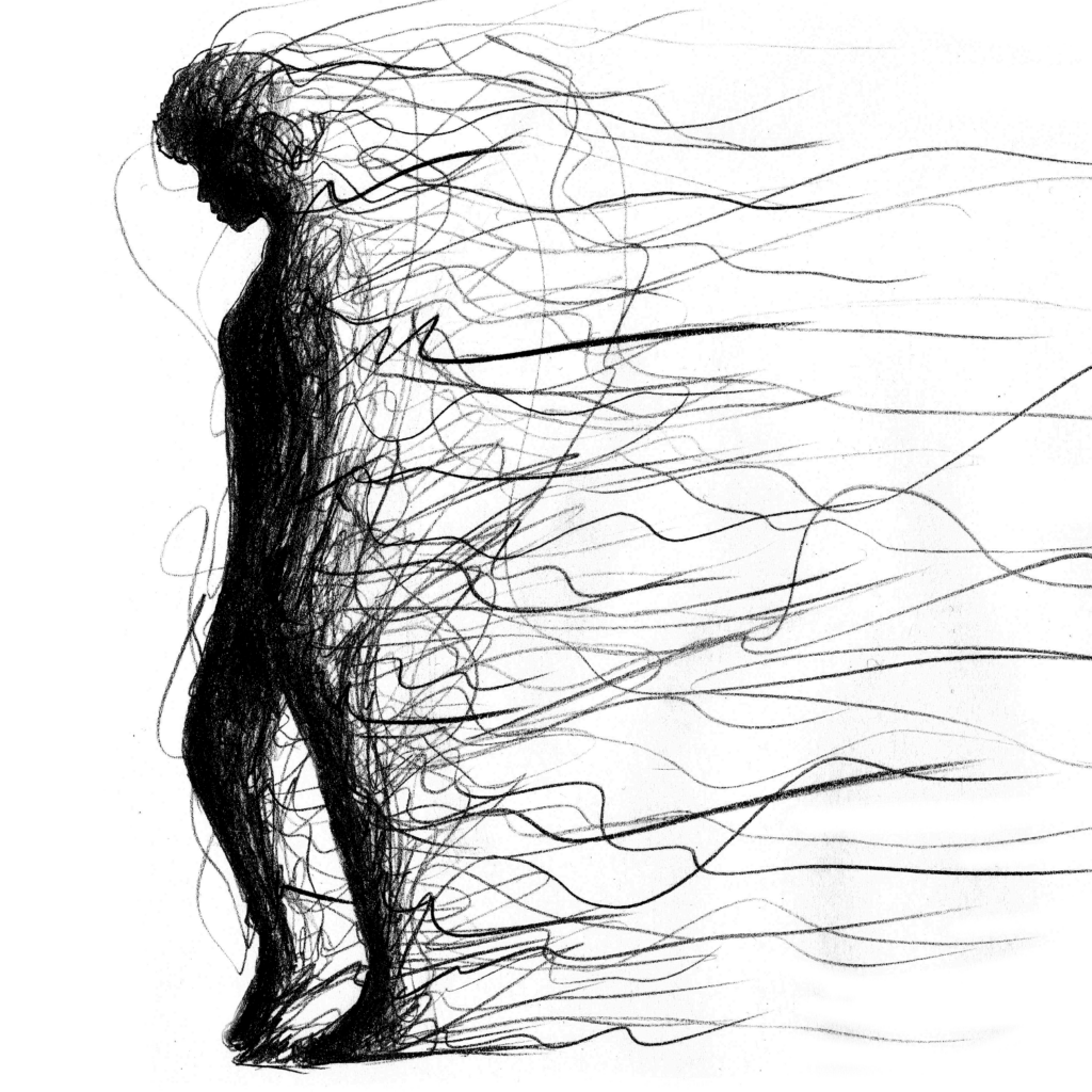 A drawn figure walking to the left of the picture and leaving behind drawn lines.