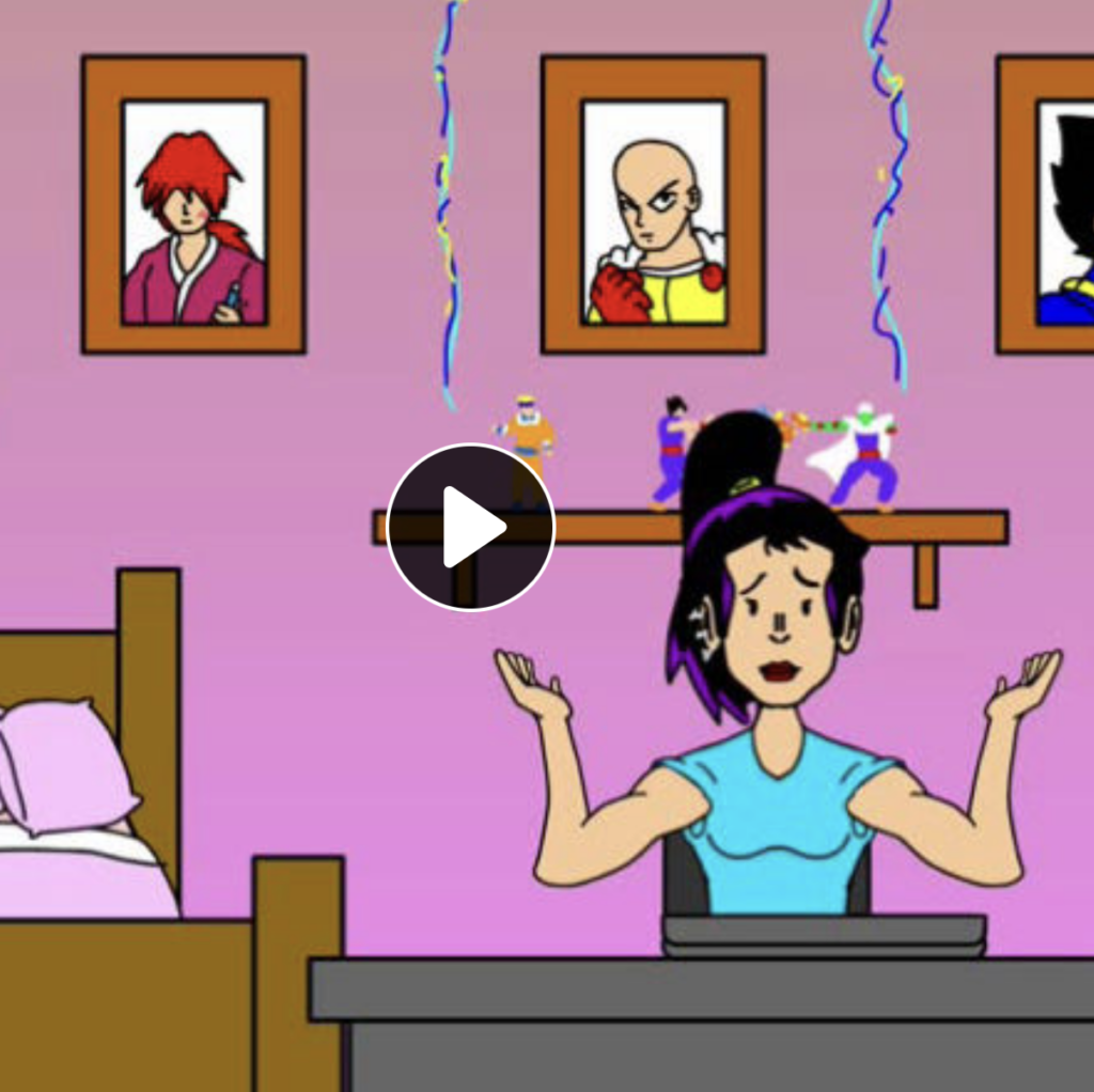 A screenshot from a Video with drawn figures. A women raising her hands and shoulders that seemingly desperate, is shown sitting on a desk in a bedroom.