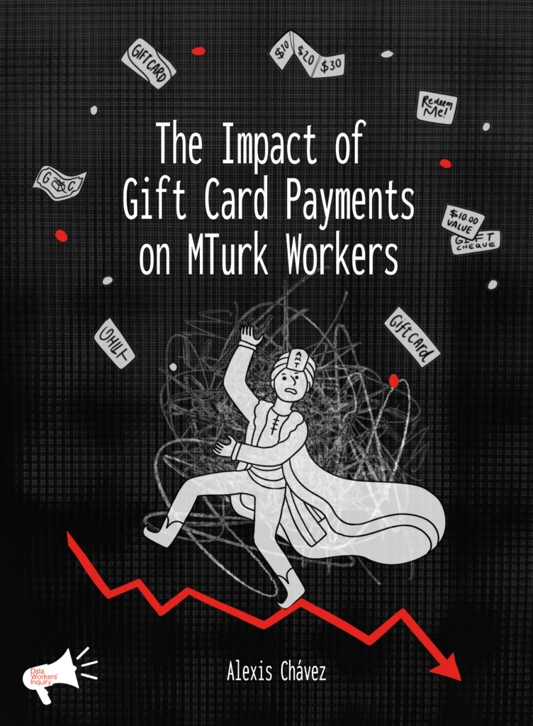 The title is shown on black background with drawn bills and giftcards flying around it. Below the title a figure is drawn in white, falling down a red graph.